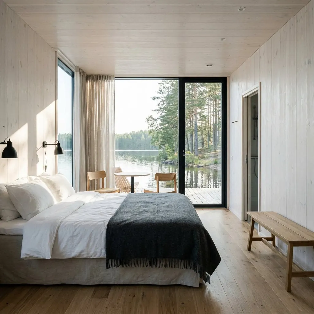 Calm Scandinavian bedroom of a floating villa with a floor-to-ceiling lake view