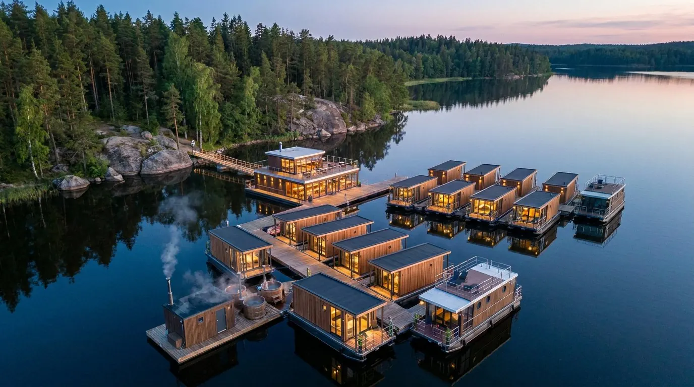 Floating village of timber villas on piers in a Finnish lake at dusk