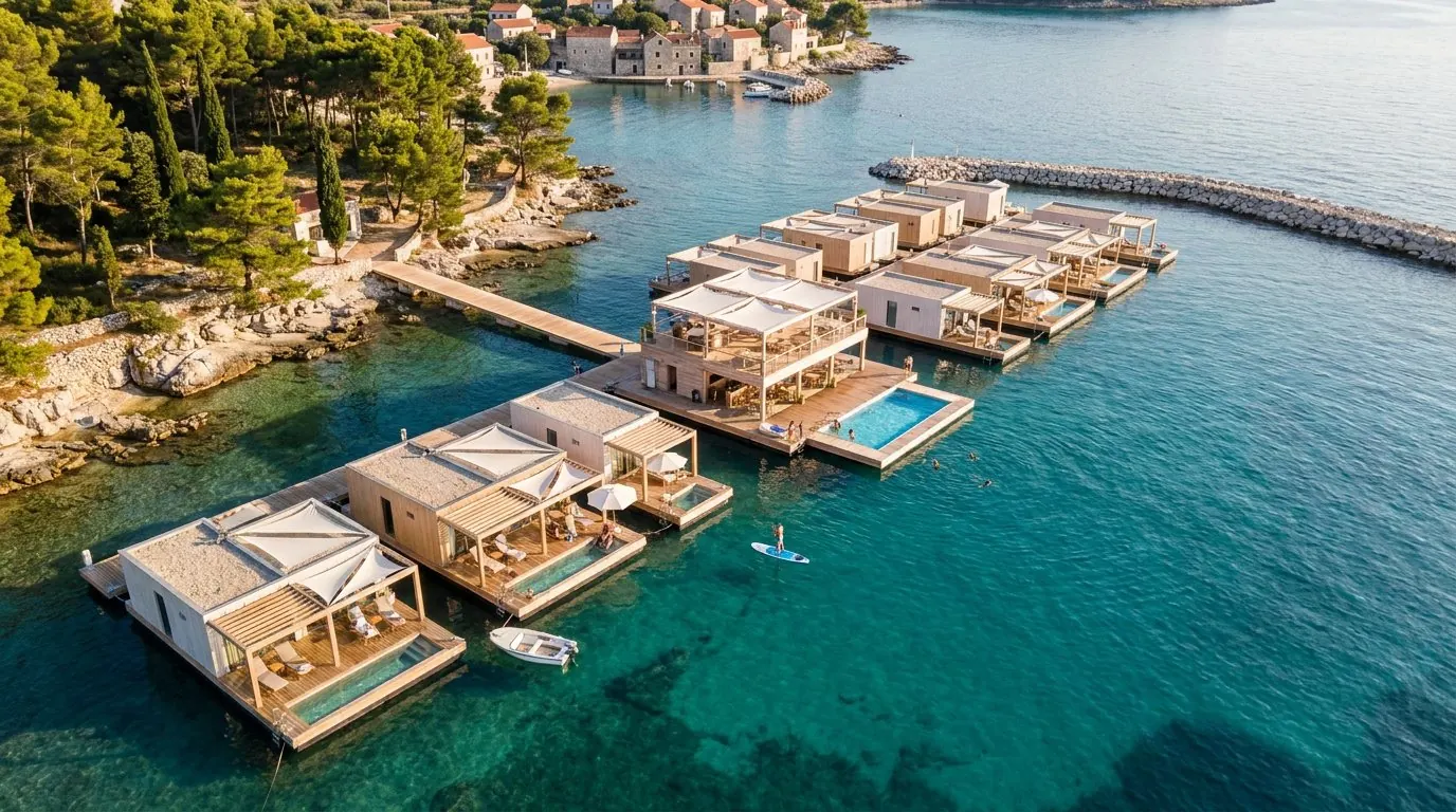Floating villas with pools moored in a turquoise Mediterranean bay