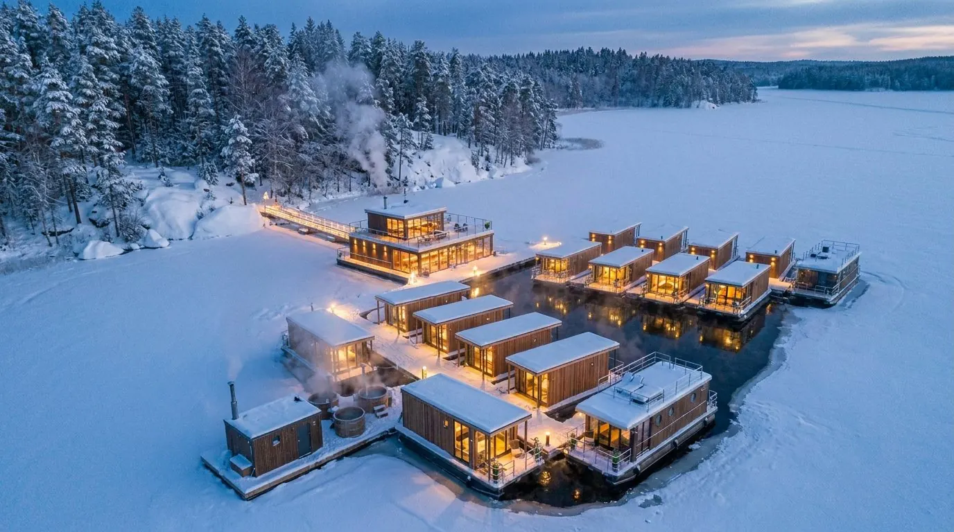 Floating village lit up on a snow-covered frozen lake