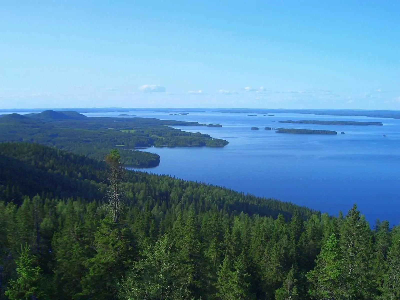 Aerial view of a Finnish lake with forested ridges and islands