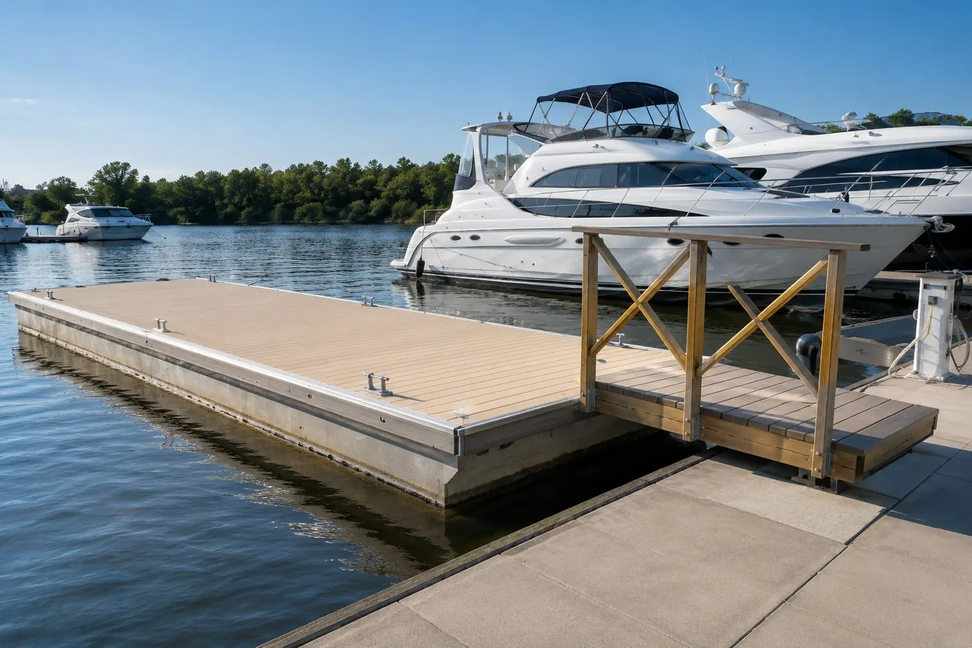 Concrete marina pontoons with a timber gangway and moored motor yachts
