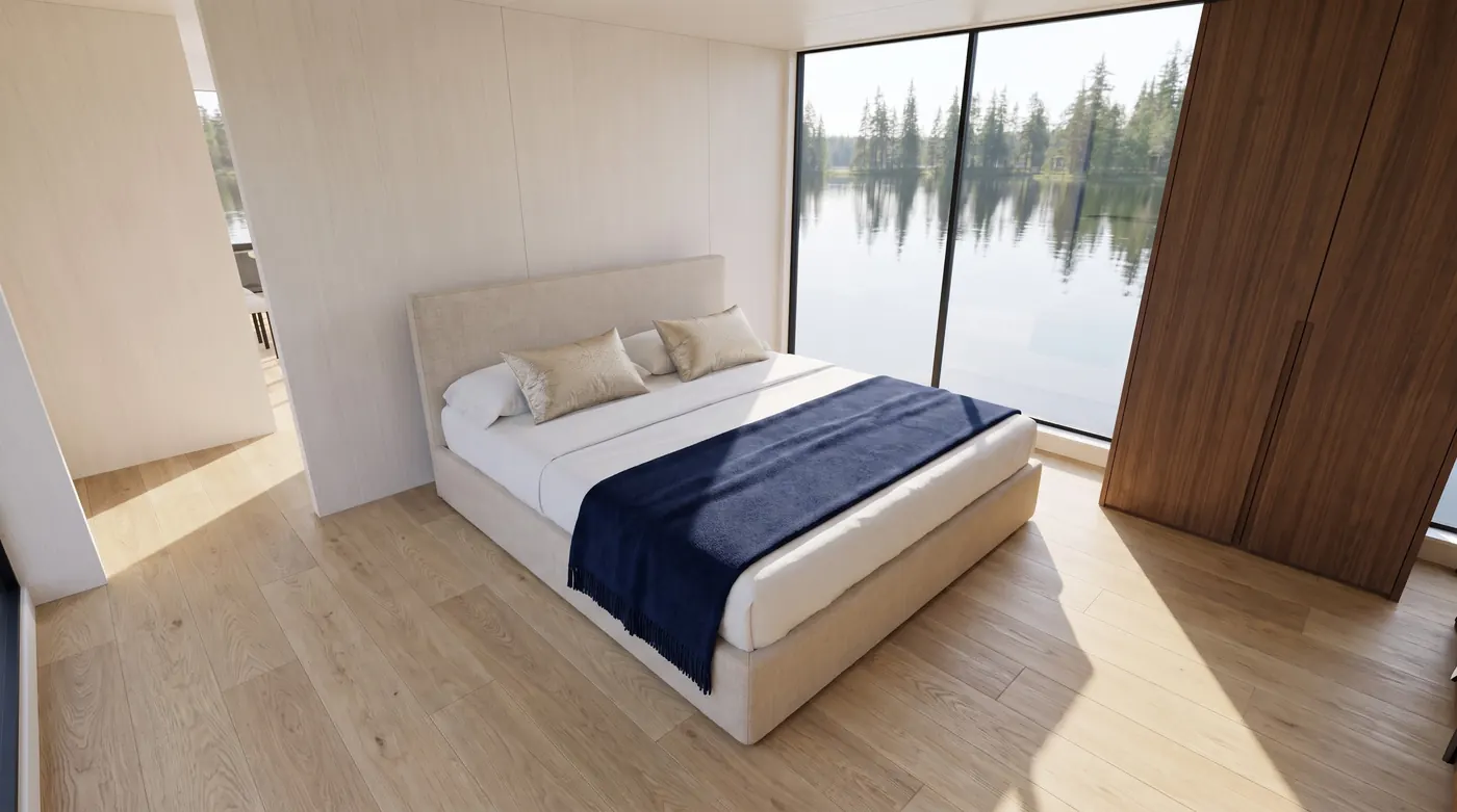 Cabin of the Nordic Sabre 39 with a wide window onto the forest