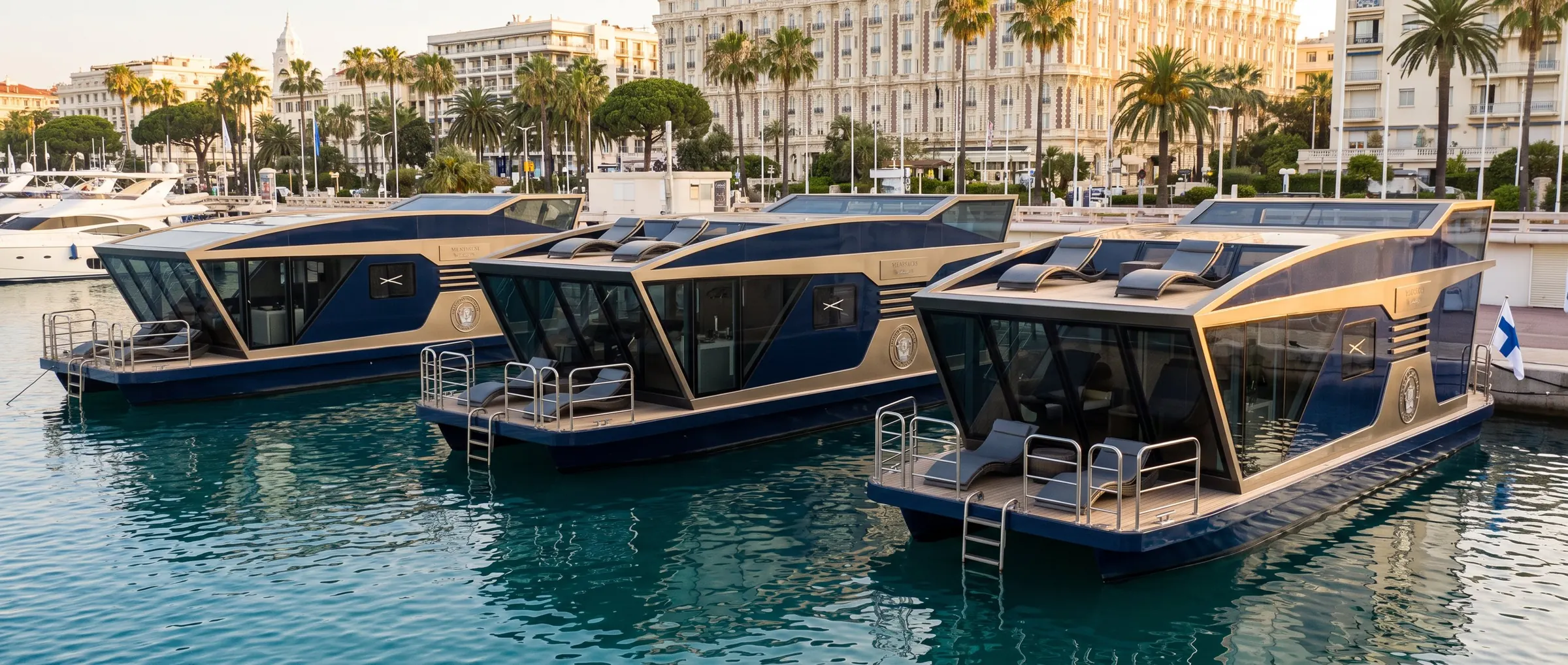 Three Nordic Sabre houseboats moored in a Mediterranean harbour
