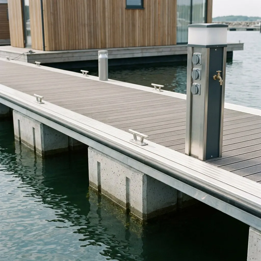 Timber-decked pontoon with a service column beside a moored houseboat