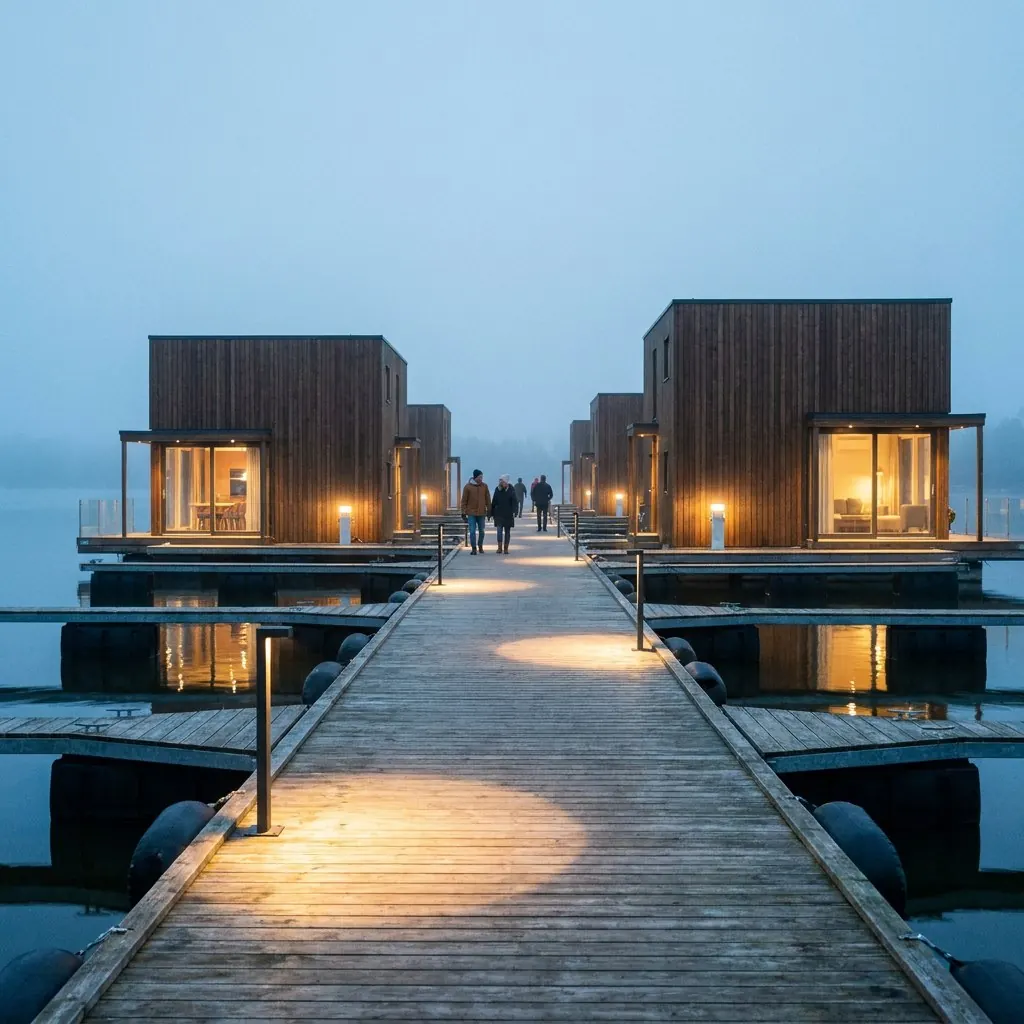 Pontoon walkway with low light columns leading to floating villas at blue hour